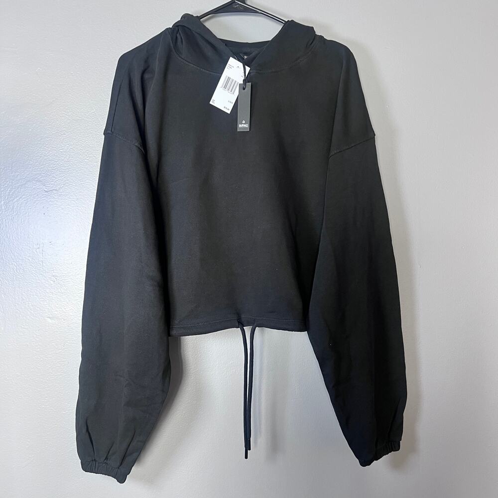 Buffalo David Bitton Emmalynn Cropped Hoodie Black L Drawstring Hem NWT $79